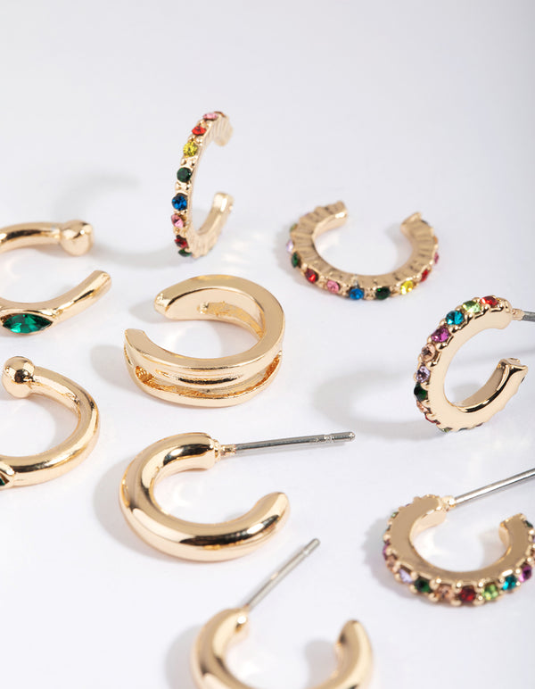 Gold & Colourful Cuff & Huggie Hoop Earring Stack 5-Pack