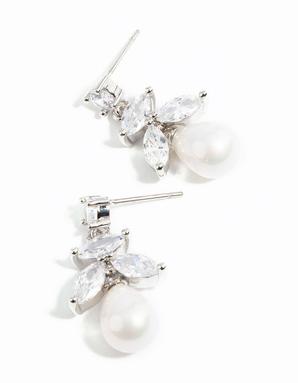 Silver Cubic Zirconia Leaf & Pearl Drop Earrings