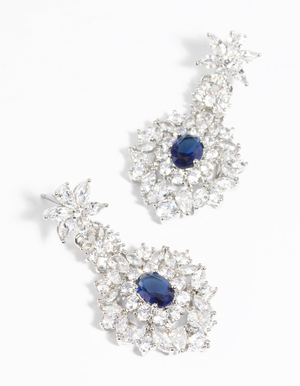 Rhodium Diamond Simulant Sapphire Drop Earrings
