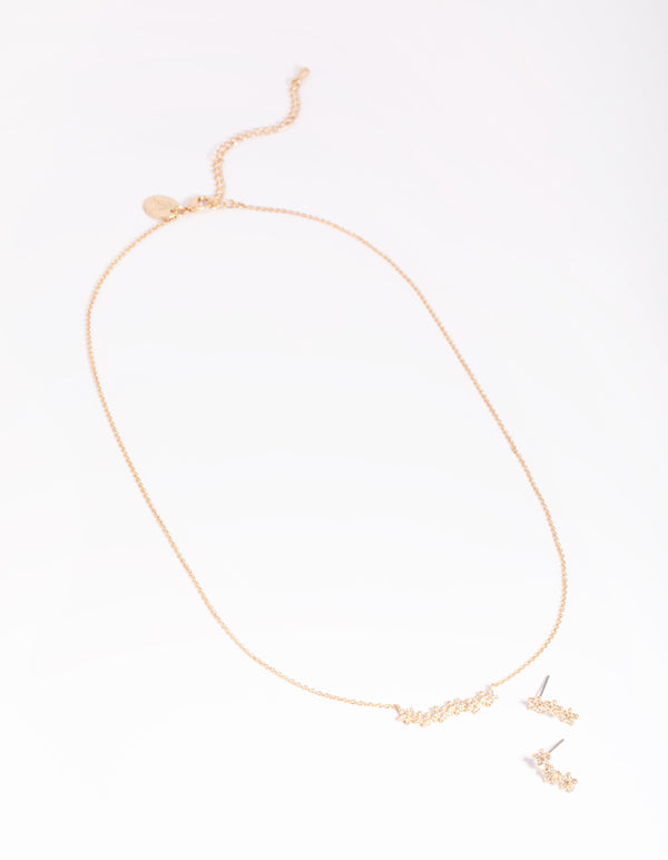 Gold Diamond Simulant Flower Necklace & Earrings Set