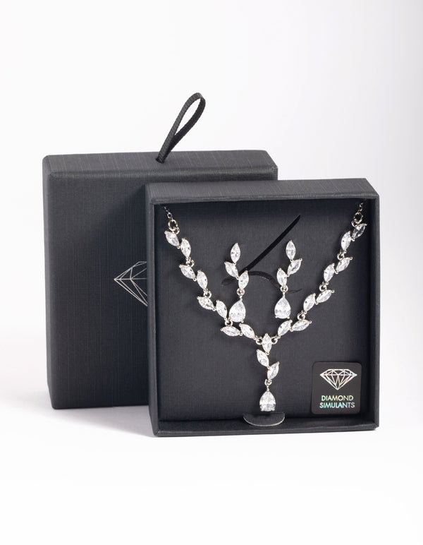 Silver Diamond Simulant Vine Necklace & Earrings Set