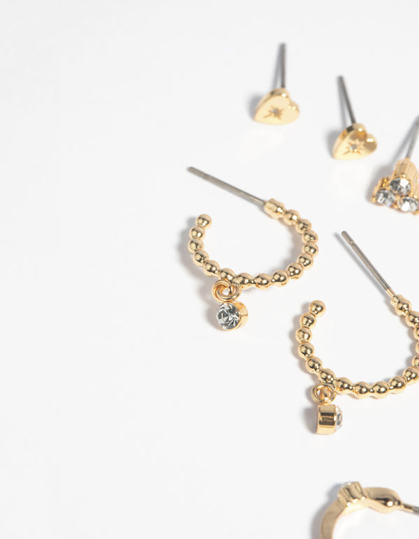 Gold Plated Heart & Diamante Mixed Earring 4-Pack