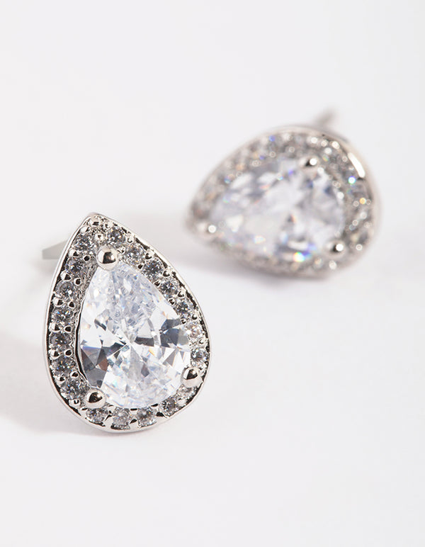 Silver Cubic Zirconia Pear Halo Stud Earrings