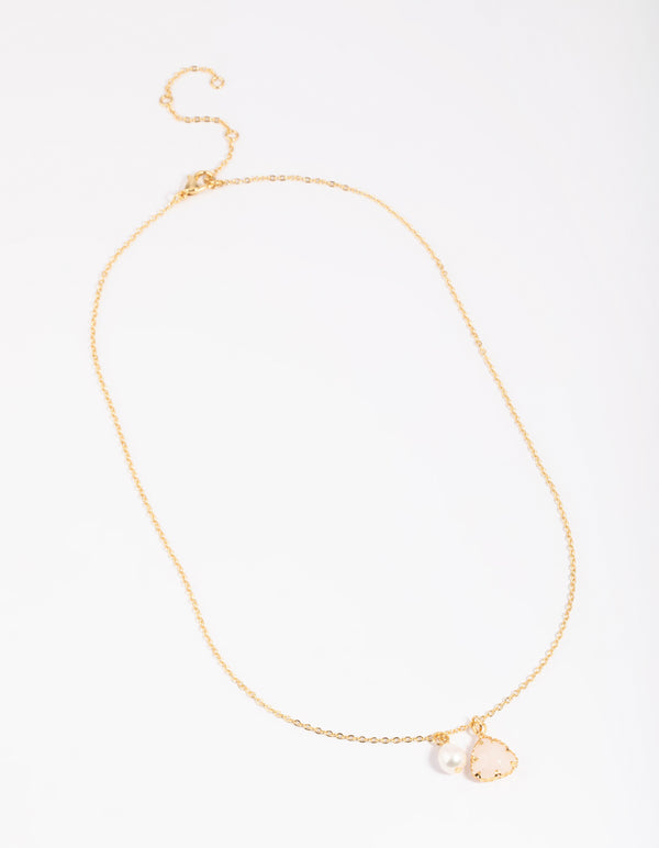 Gold Plated Freshwater Pearl & Rose Quartz Charm Necklace
