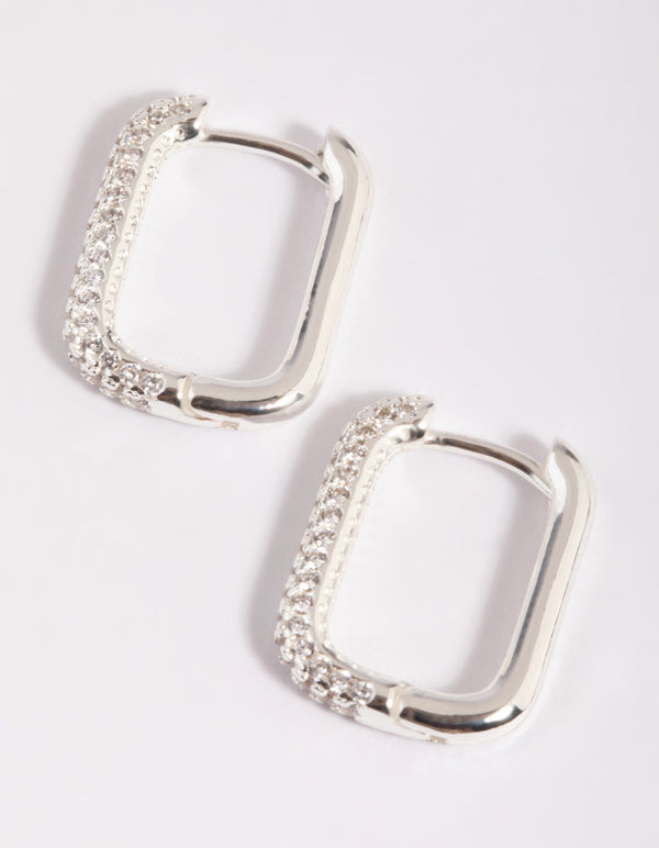 Silver Plated Brass Cubic Zirconia Rectangular Hoop Earrings