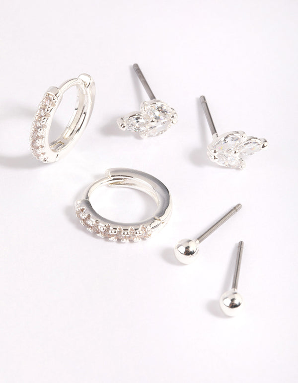 Silver Plated Brass Cubic Zirconia Leaf Earring Stack 6-Pack