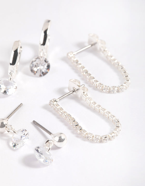 Silver Plated Brass Cubic Zirconia Earring Stack 6-Pack