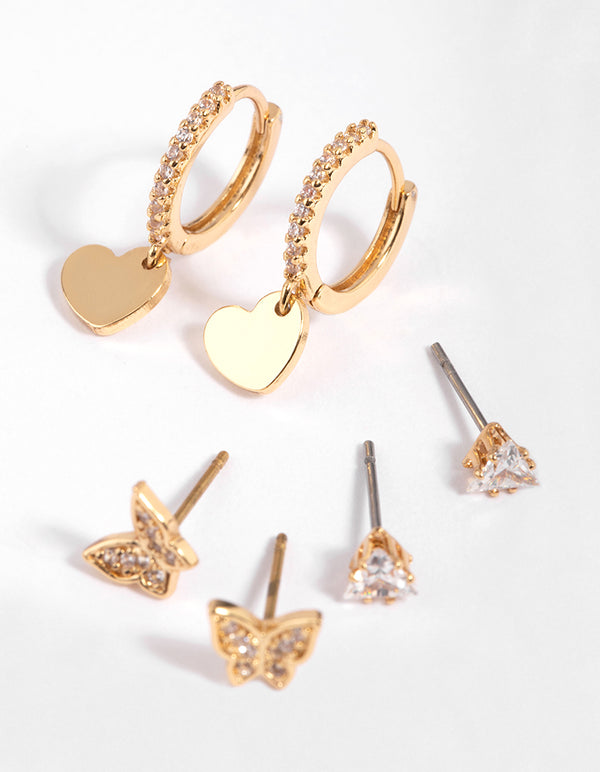 Gold Plated Brass Butterfly & Heart Earring Stack 6-Pack