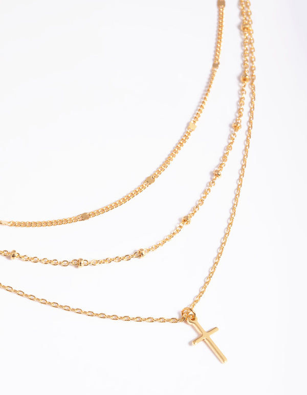 Gold Plated Brass Layered Cross Necklace