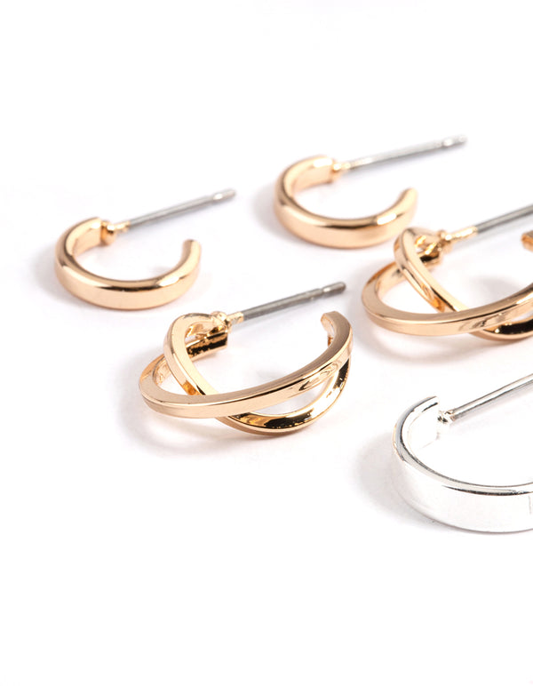 Mixed Metal Cross Over Hoop Earring Pack