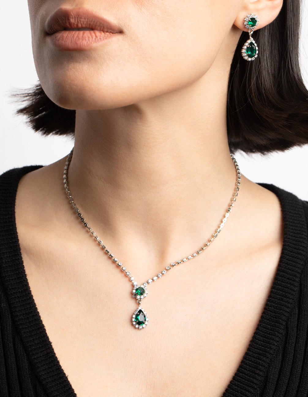 Silver Pear Pendant Necklace & Earrings Set