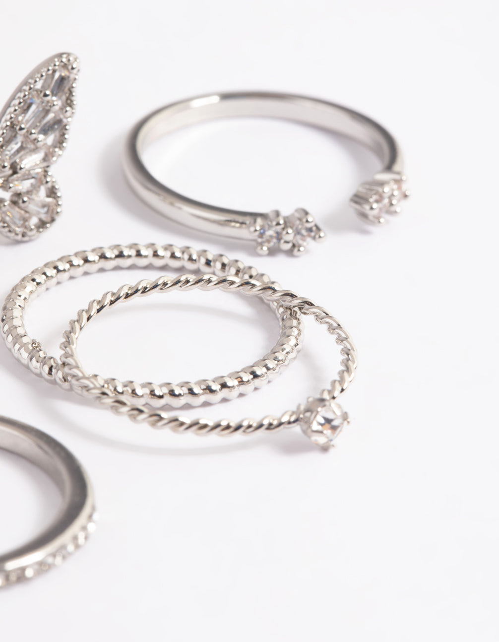Silver Cubic Zirconia Butterfly Ring Stack Pack