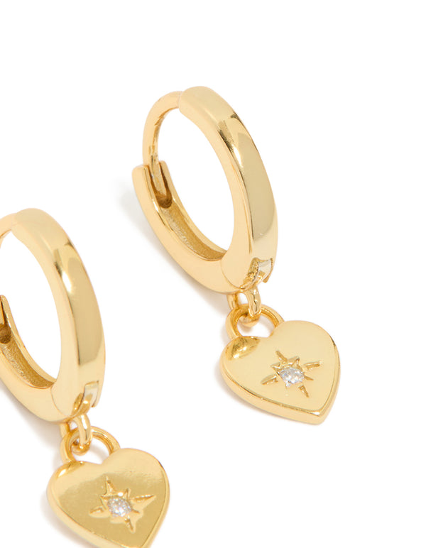 Gold Plated Sterling Silver Heart Diamante Huggie Hoop Earrings