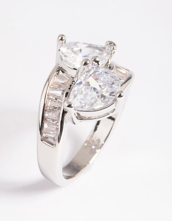 Rhodium Cubic Zirconia Pear Cross Over Ring