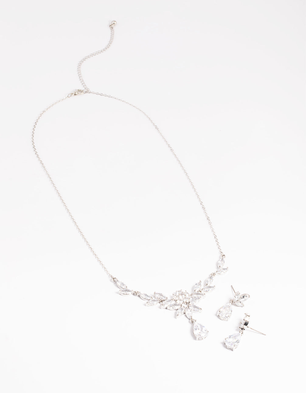 Silver Diamond Simulant Teardrop Necklace & Earrings Set