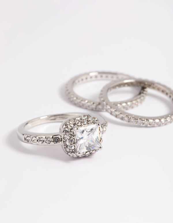 Rhodium Diamond Simulant Square Ring Pack