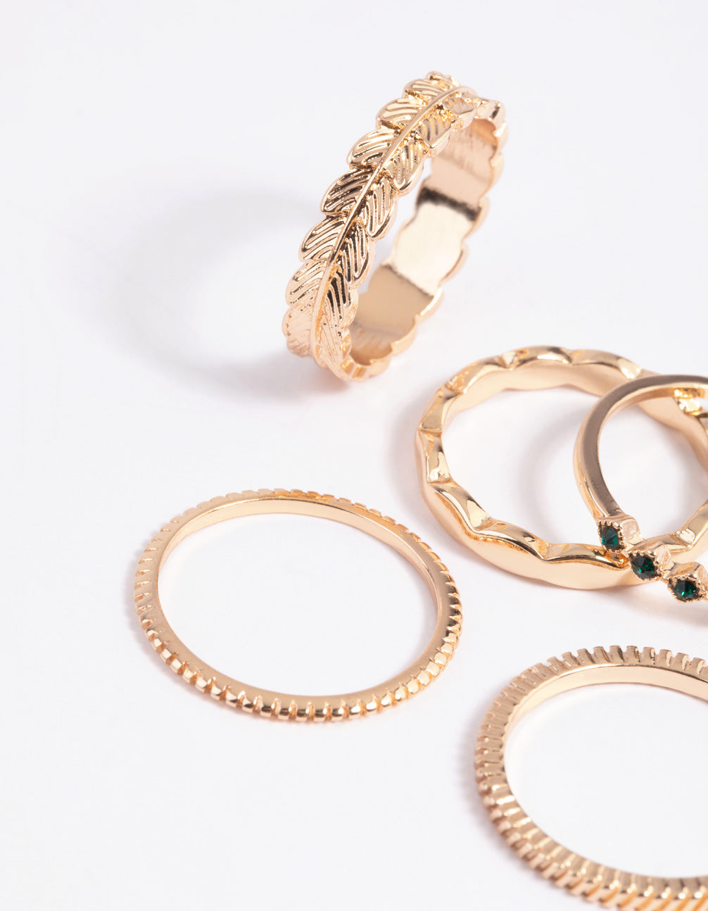 Gold Green Diamante & Leaf Rings 5-Pack