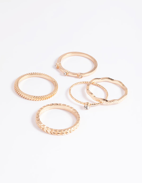 Gold Textured Diamante Ring Stack 5-Pack