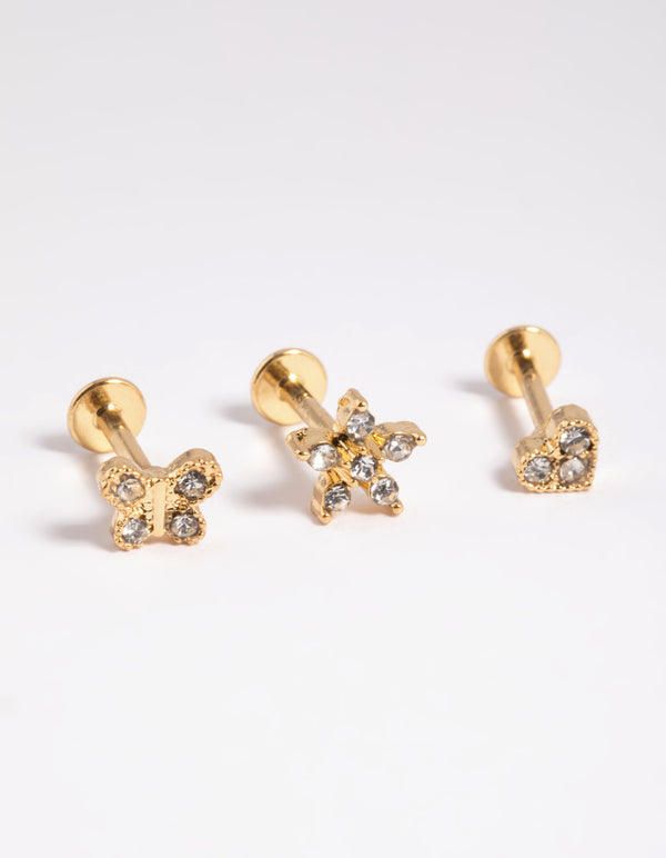 Gold Plated Surgical Steel Heart Butterfly Flat Back Pack