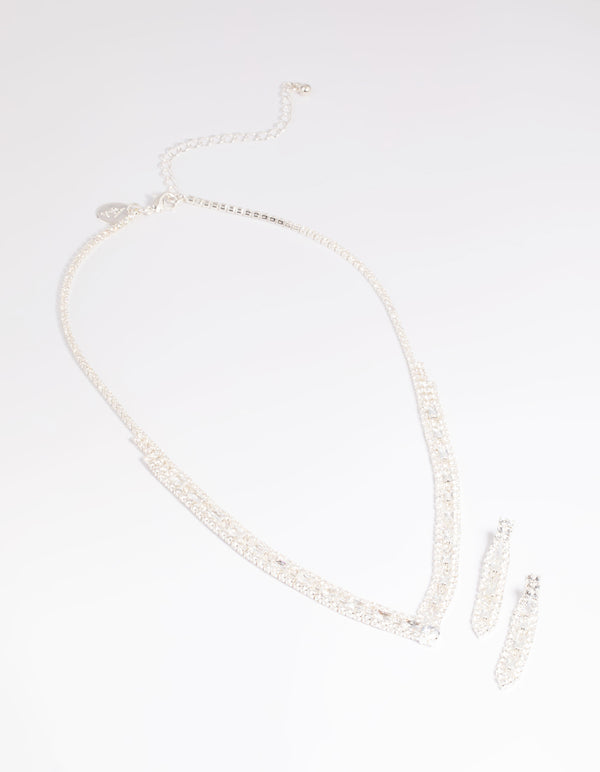 Silver Cubic Zirconia Statement Necklace & Earrings Set