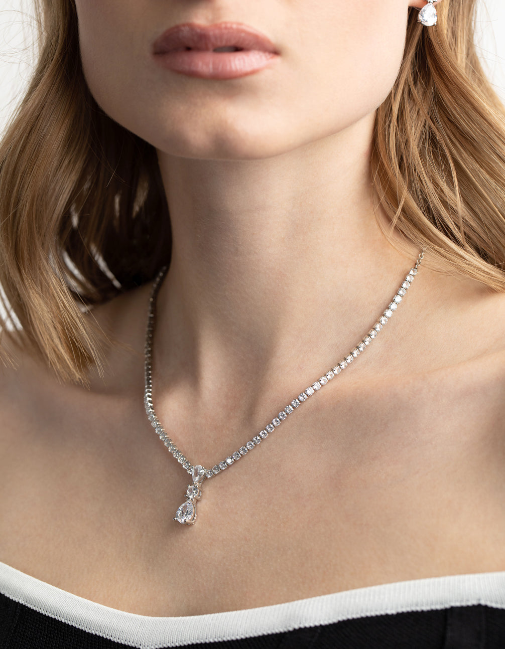 Silver Diamond Simulant Necklace & Earrings Set