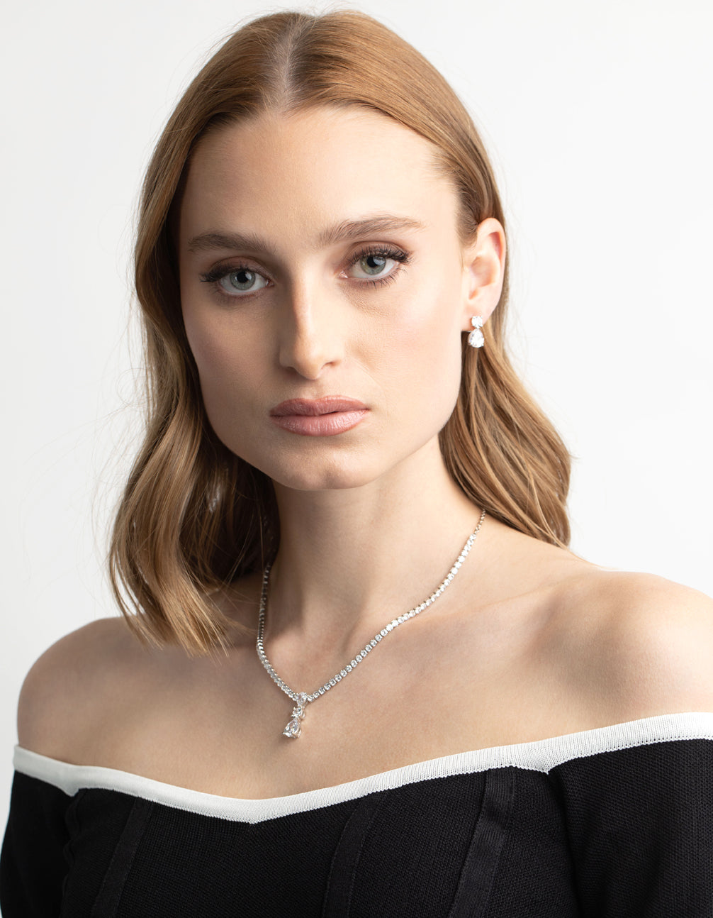 Silver Diamond Simulant Necklace & Earrings Set