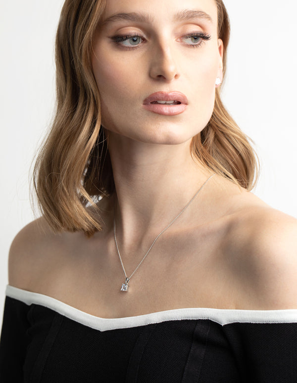 Silver Diamond Simulant Square Necklace & Earrings Set