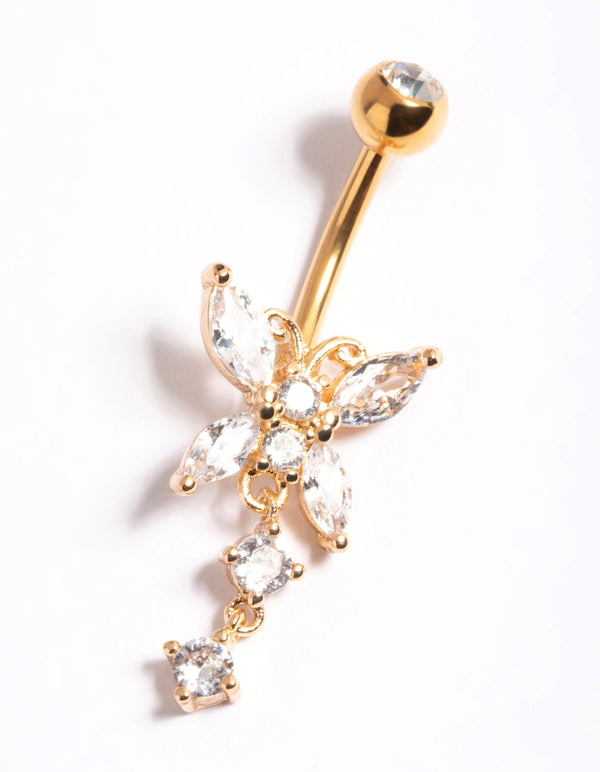 Showcasing a butterfly belly bar charm with diamond accents crafted from gold plated surgical steel front view