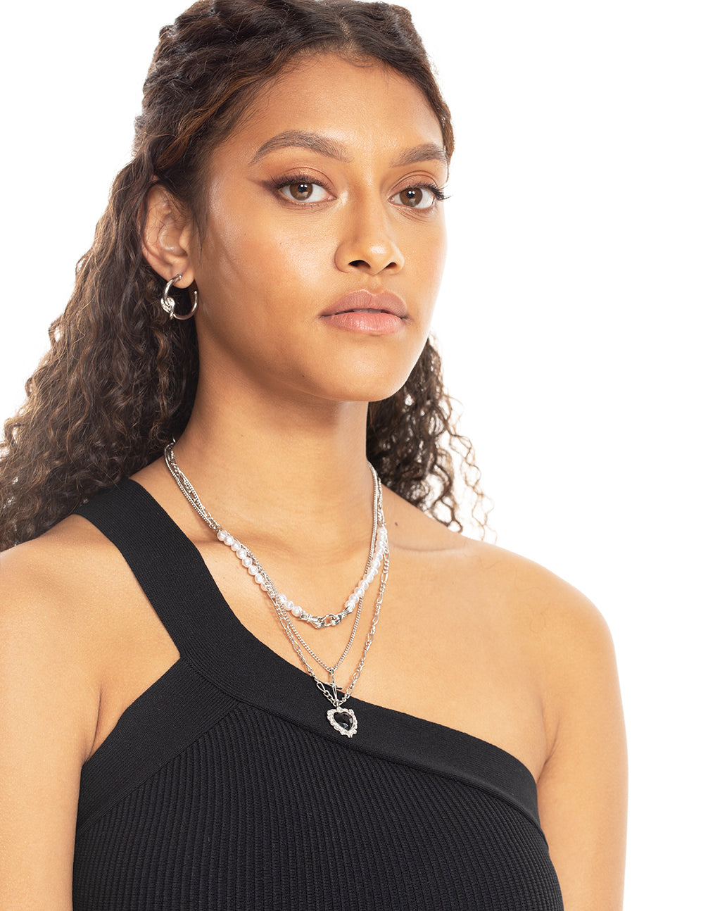 Silver Pearl Heart Star Layered Necklace