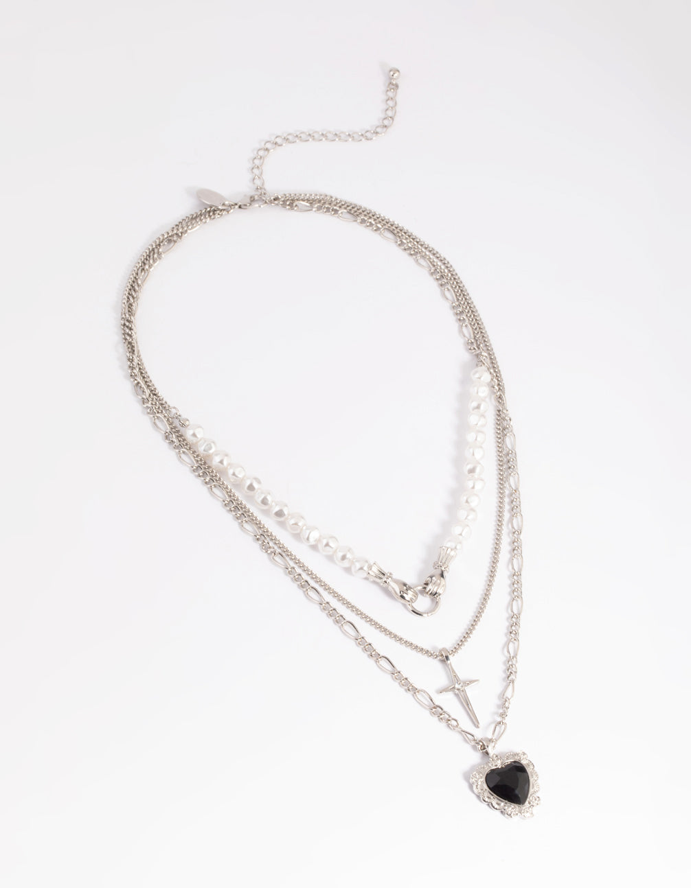 Silver Pearl Heart Star Layered Necklace