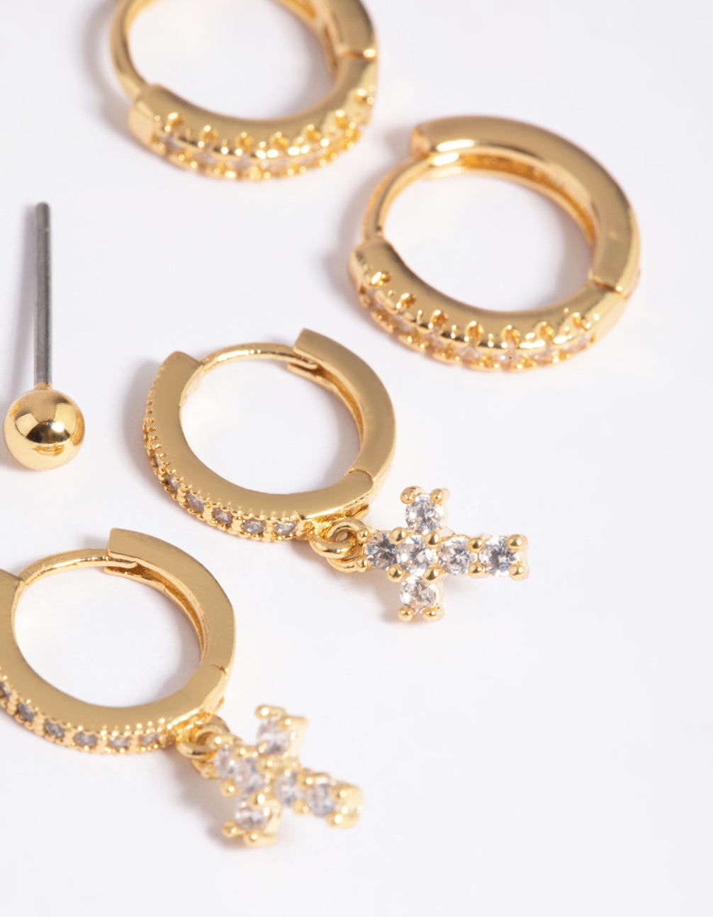 Gold Plated Brass Cubic Zirconia Pave Cross Earring Stack 6-Pack