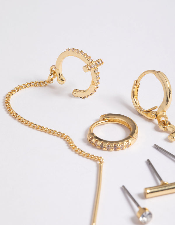 Gold Plated Brass Chain Cross Earring Stack 8-Pack