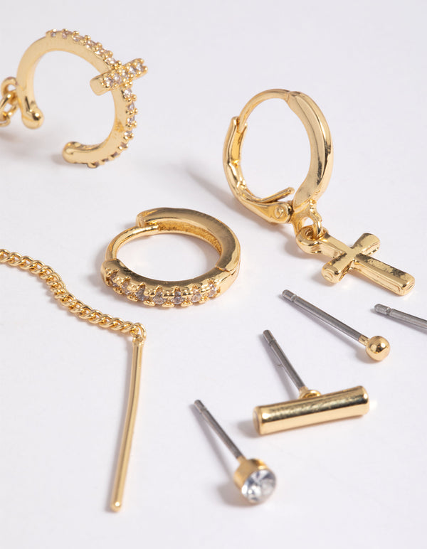 Gold Plated Brass Chain Cross Earring Stack 8-Pack