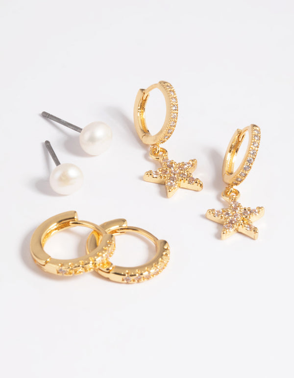 Gold Plated Brass Cubic Zirconia Pearl & Star Earring Stack 6-Pack