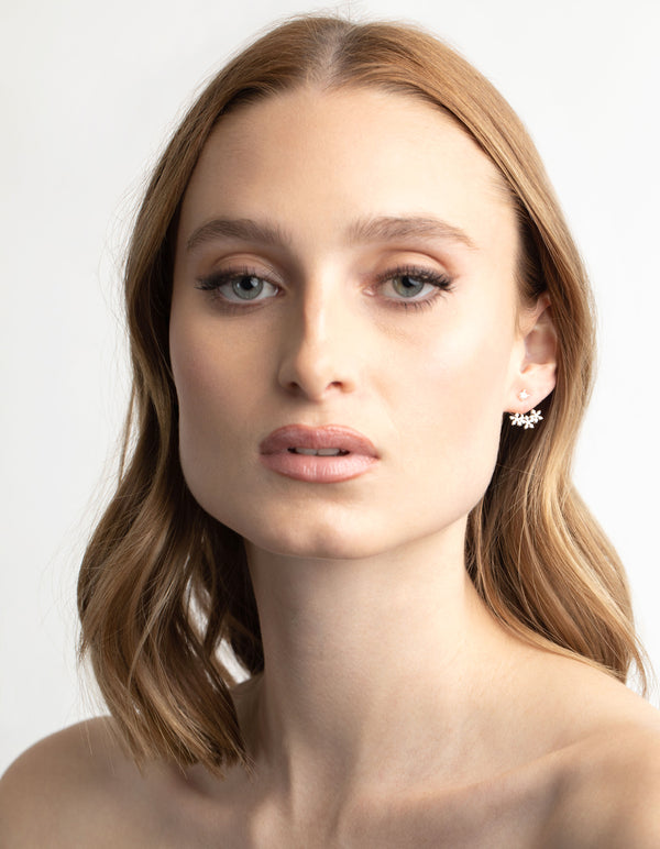 Silver Plated Cubic Zirconia Flower Sandwich Earrings