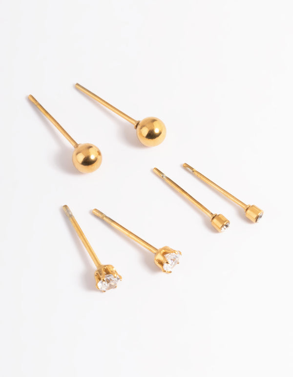 Waterproof Gold Plated Stainless Steel Cubic Zirconia Plain Stud Earrings Pack