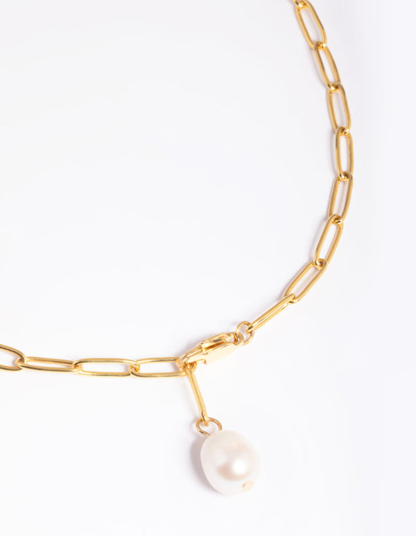 Waterproof Gold Plated Stainless Steel Freshwater Pearl Chain Drop Necklace