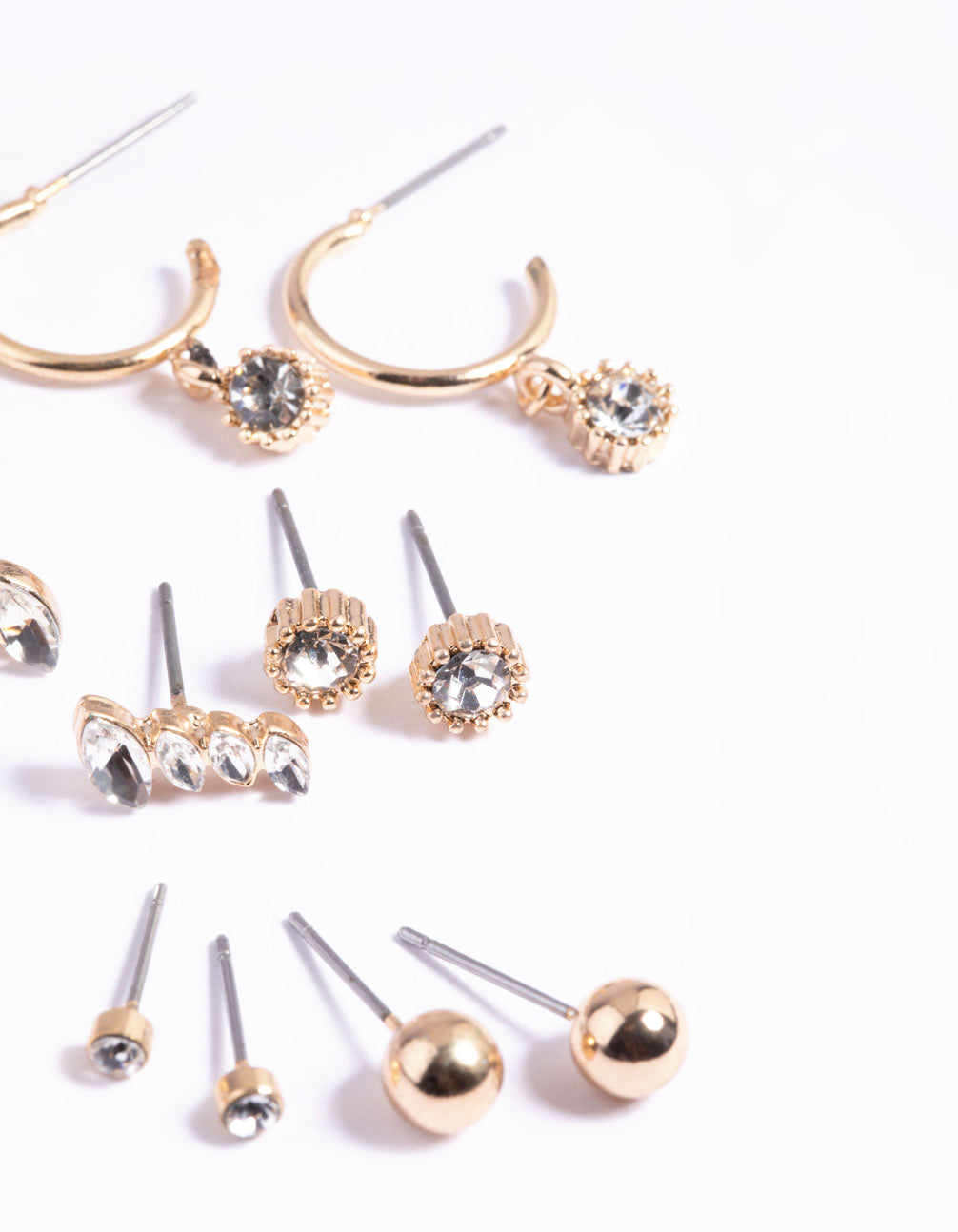 Gold Plain Diamante Stud Earrings 8-Pack