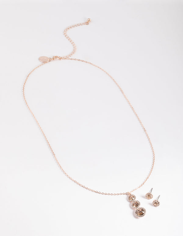 Rose Gold Round Halo Drop Necklace & Stud Earrings