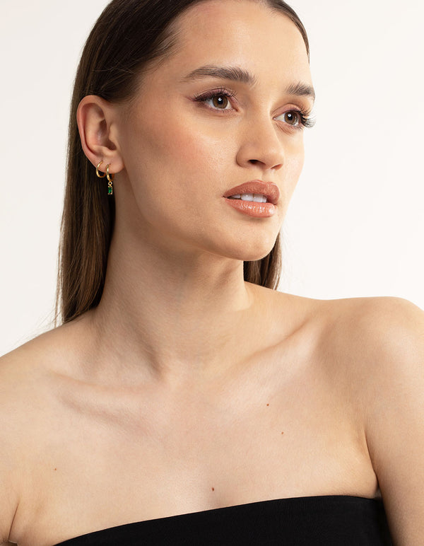 Gold Plated Brass Emerald Huggie Earrings 6-Pack