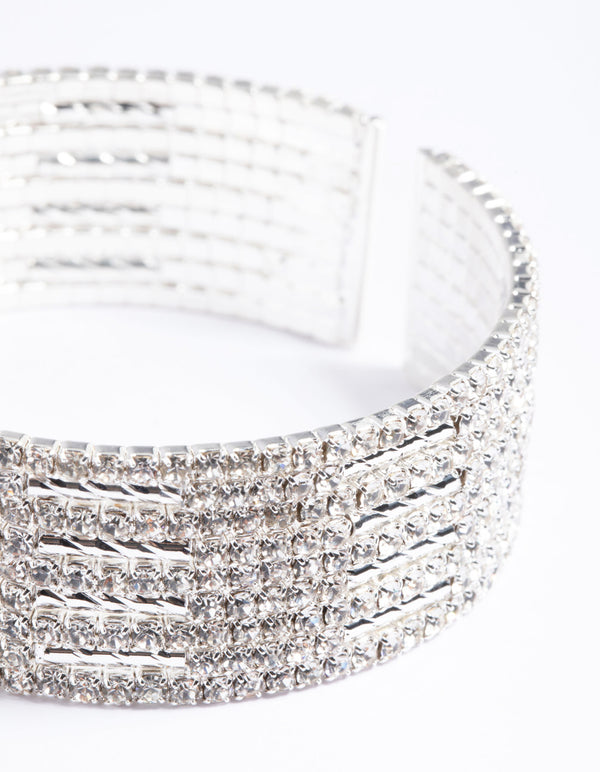 Silver Spiky 4 Row Diamante Wrist Cuff