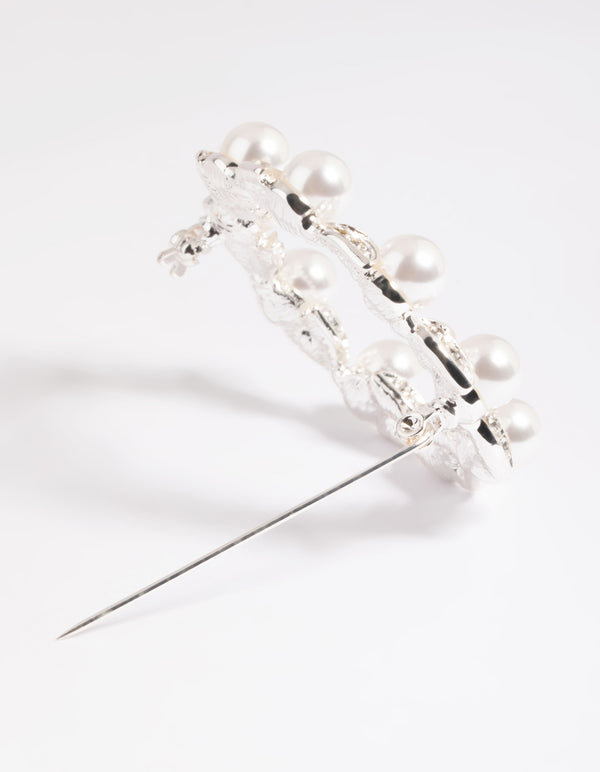 Silver Diamante Leaf & Pearl Brooch