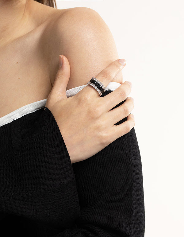 Silver Cubic Zirconia Large Baguette 3-Row Ring