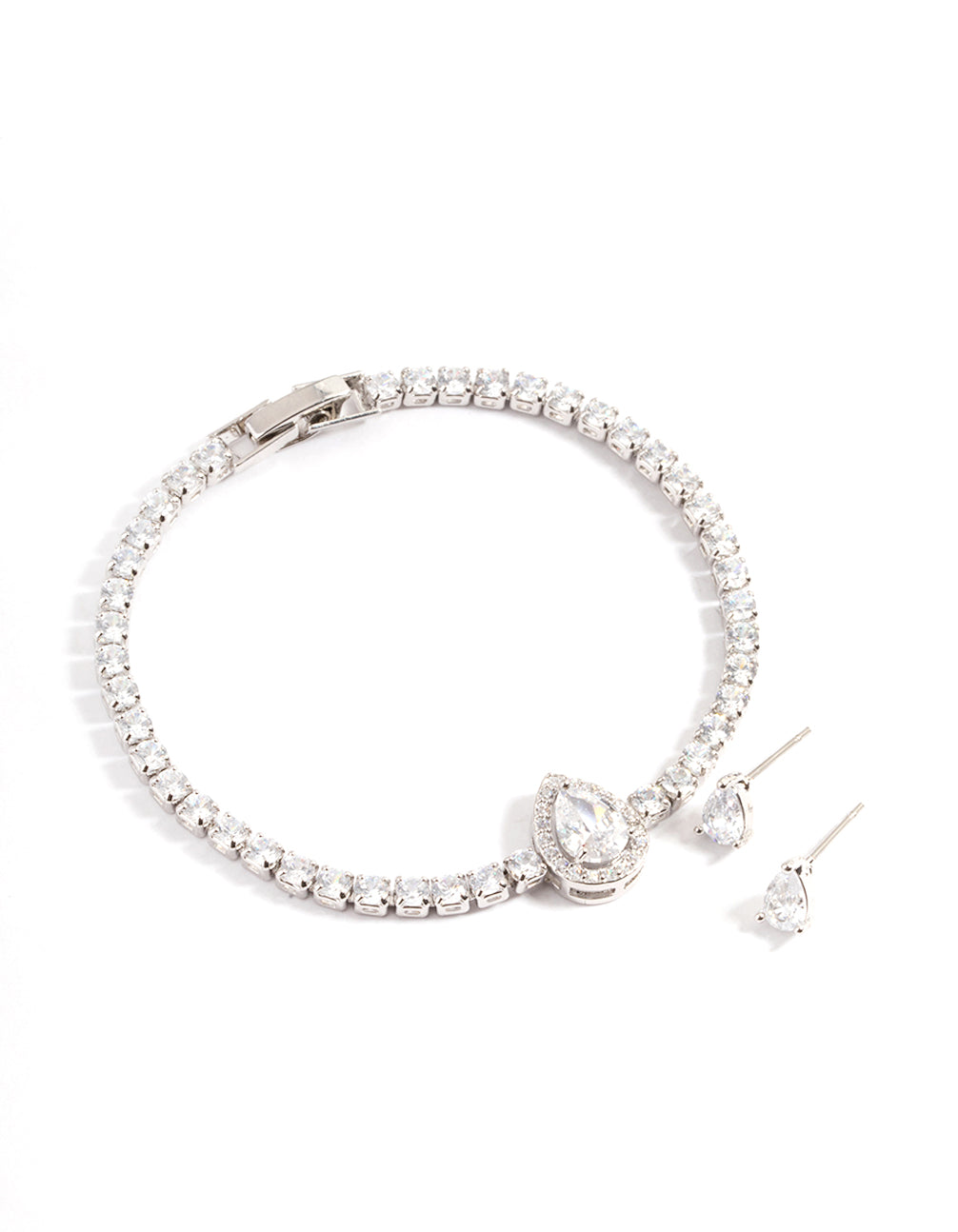 Silver Diamond Simulant Oval Stone & Bracelet Set