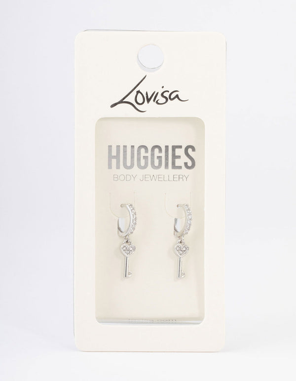 Silver Diamante Keys Huggie Earrings