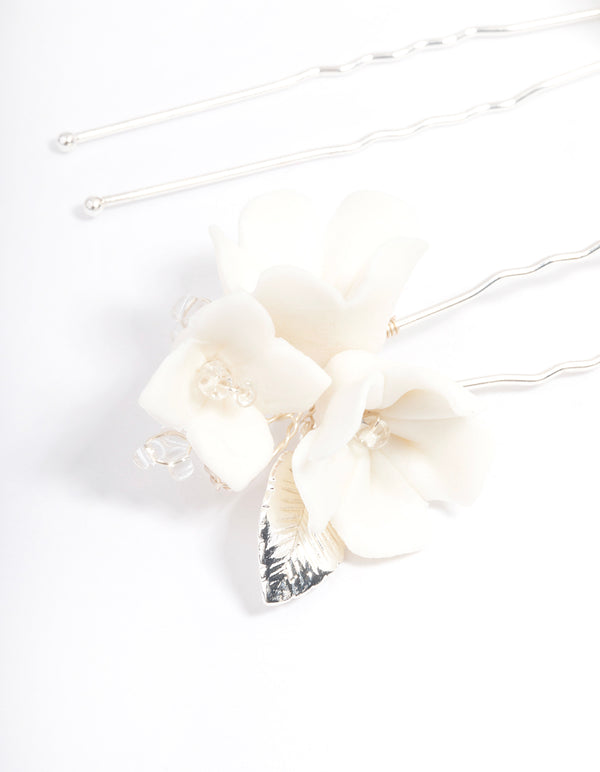 White Large Flower Hair Pin Pack