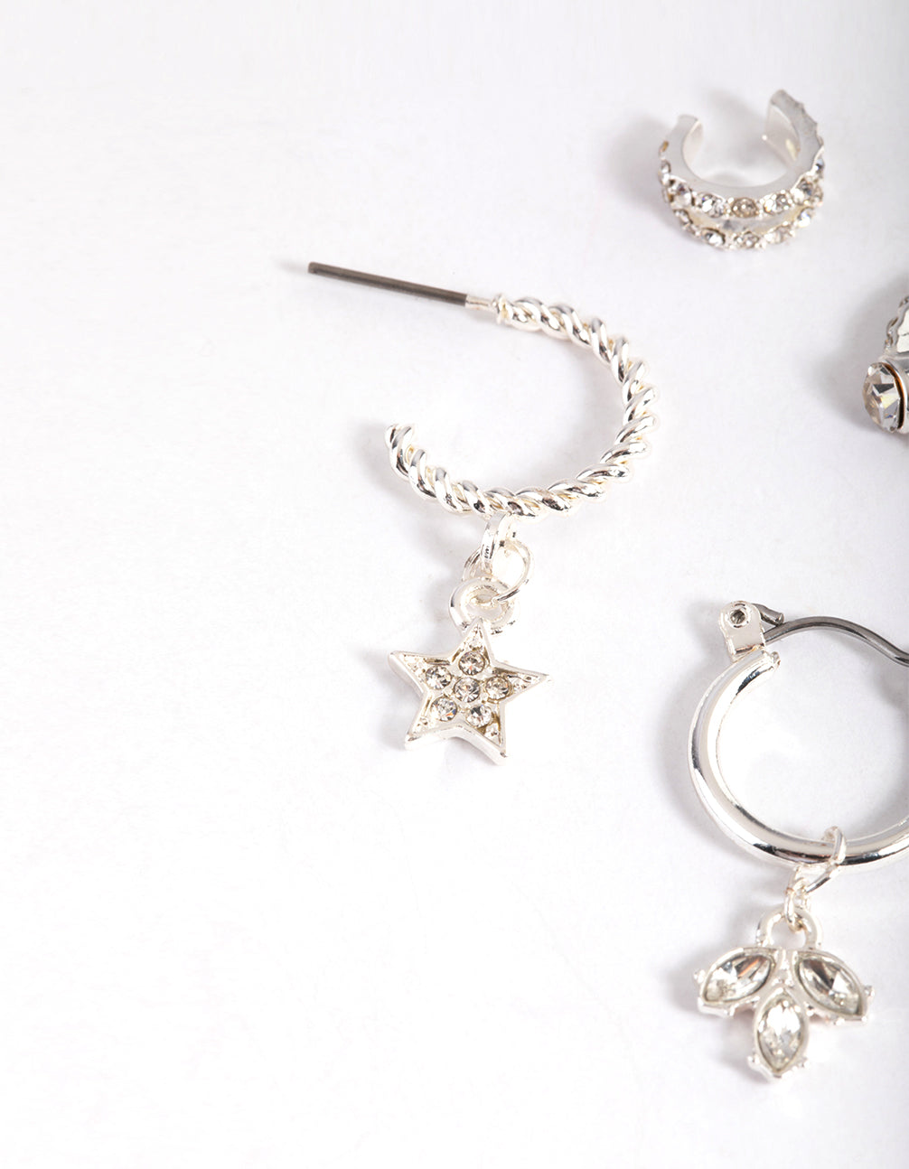 Silver Diamante Star & Leaf Stack Earrings