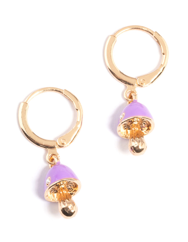 Gold Neon Purple Mushroom Huggie Earrings