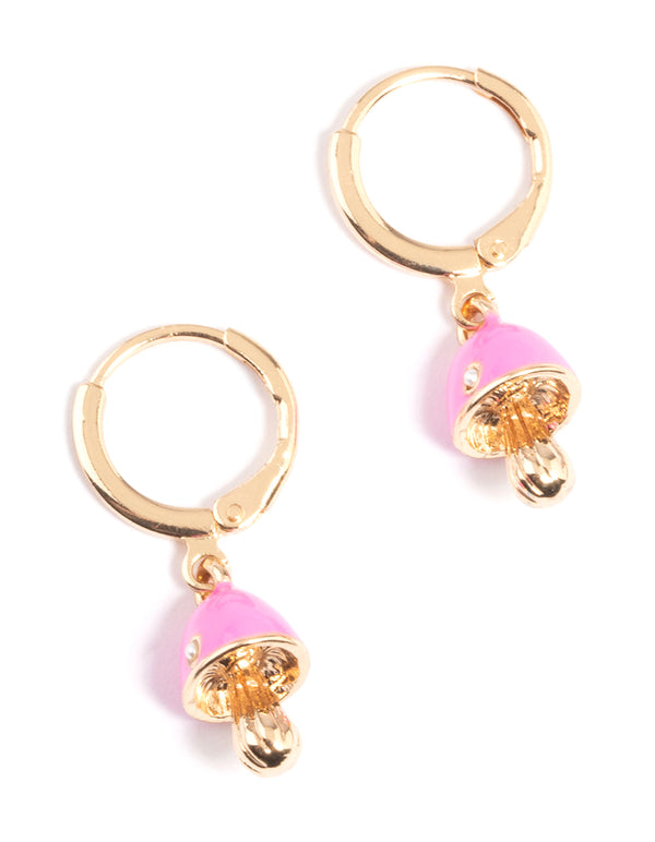 Gold Neon Pink Mushroom Huggie Earrings