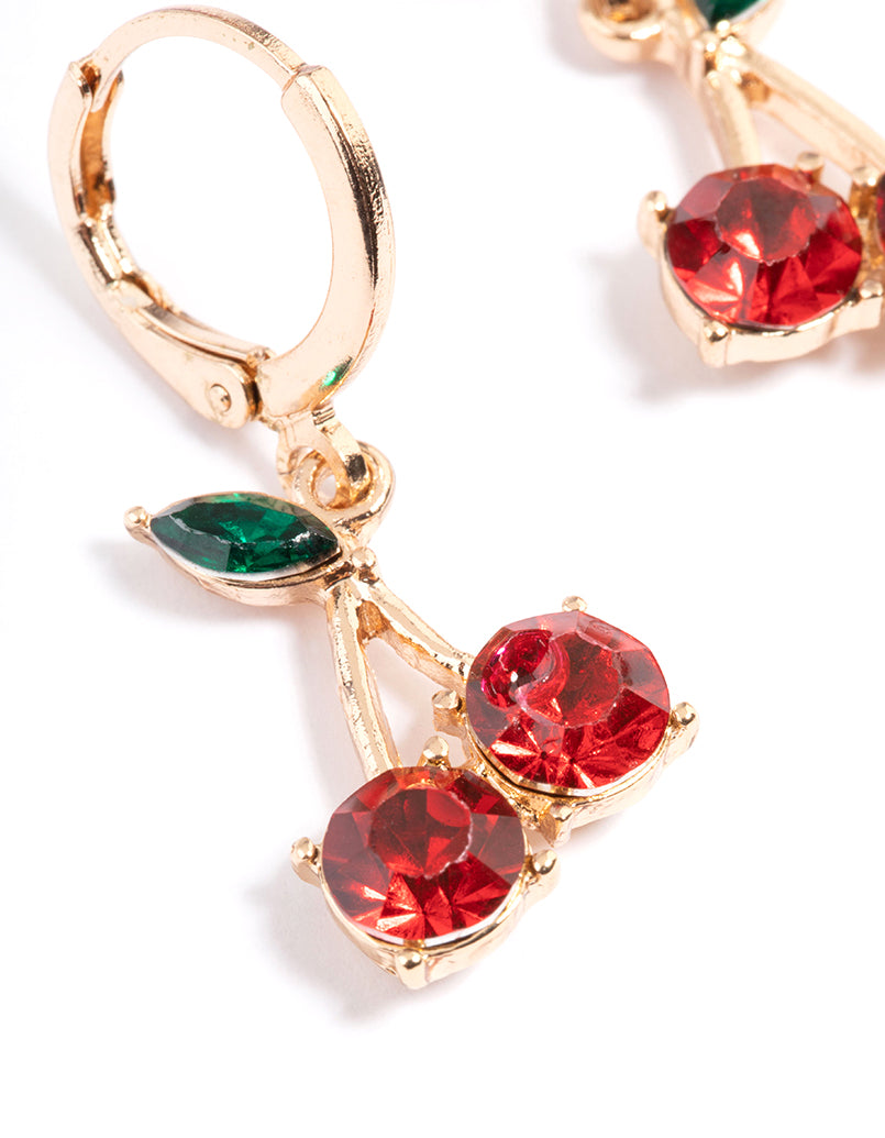 Gold Diamante Cherry Medium Huggie Earrings